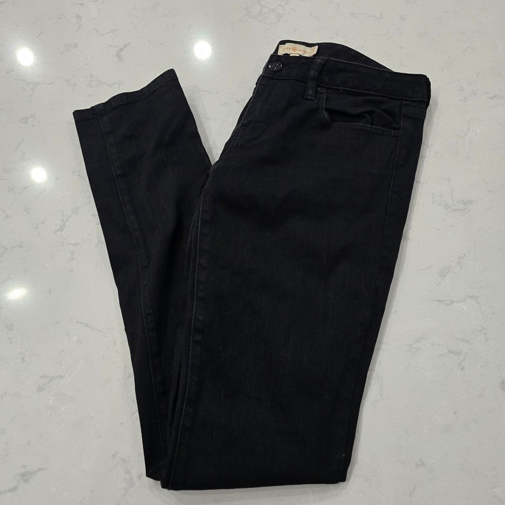Tory Burch Super Skinny Jeans Black Denim Logo Hardware Womens Size 29
